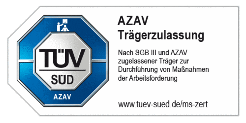 <p> </p>
<p>Wir sind zertifiziert nach AZAV und somit berechtigt Aus- und Weiterbildungen nach dem SGB III durchzuführen</p>
<p> </p>
<p> </p>
<p> </p>
<p> </p>
